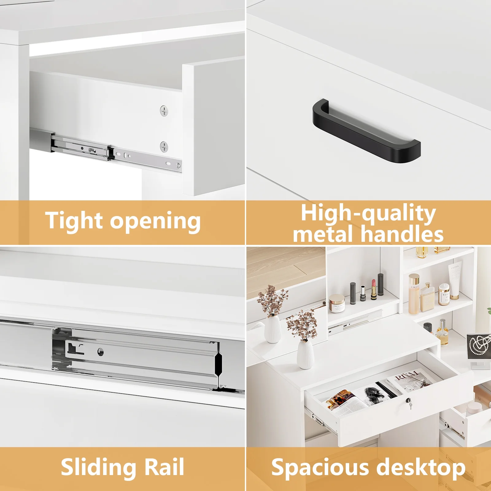 Furnibear Vanity Desk Set with Mirror and Light, Makeup Table with 2 Drawers and Cabinet, Power Outlet and 3 Color Modes Brightness Adjustable