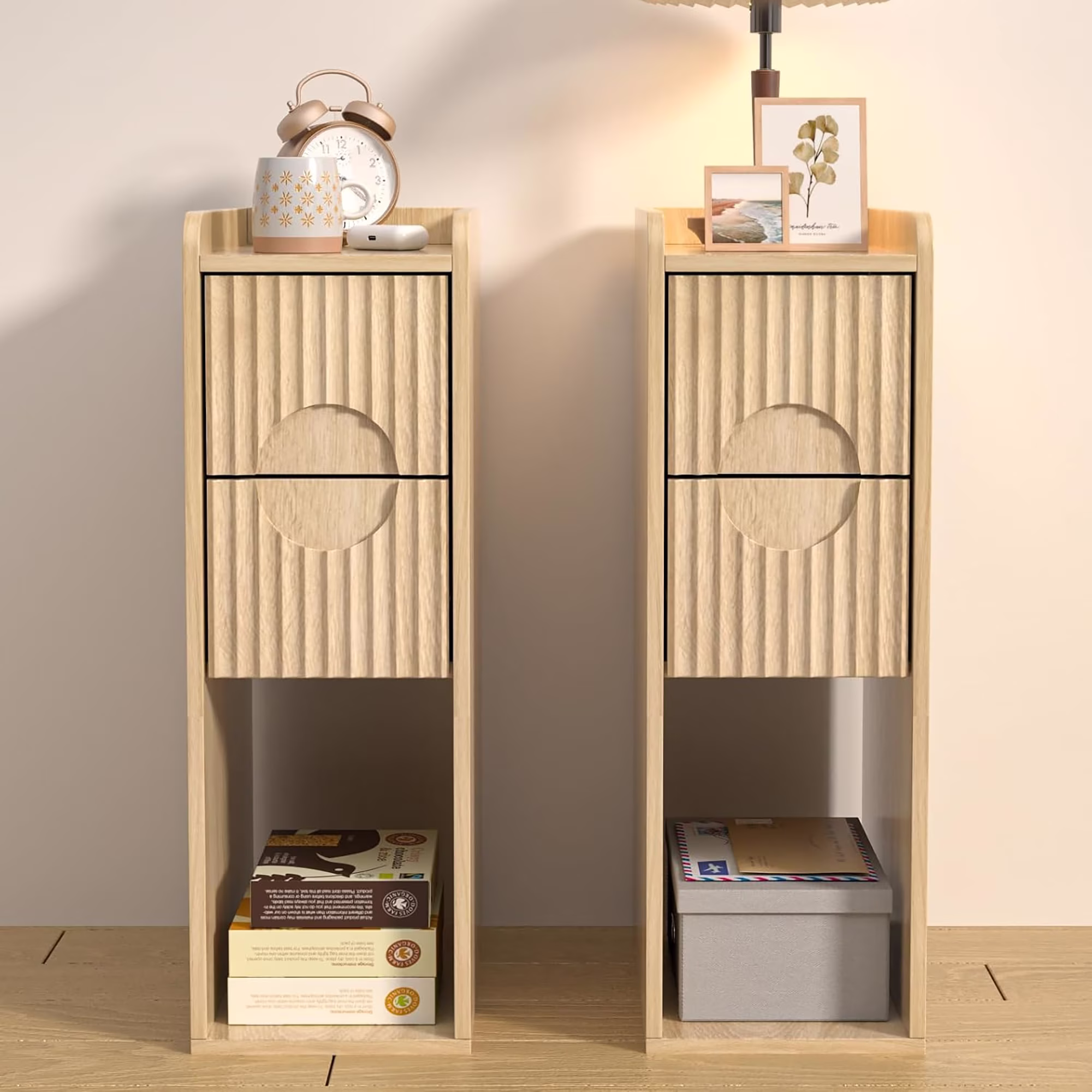 Narrow Nightstand Set of 2 with Drawers, Fluted Slim Side End Table with Storage for Small Spaces