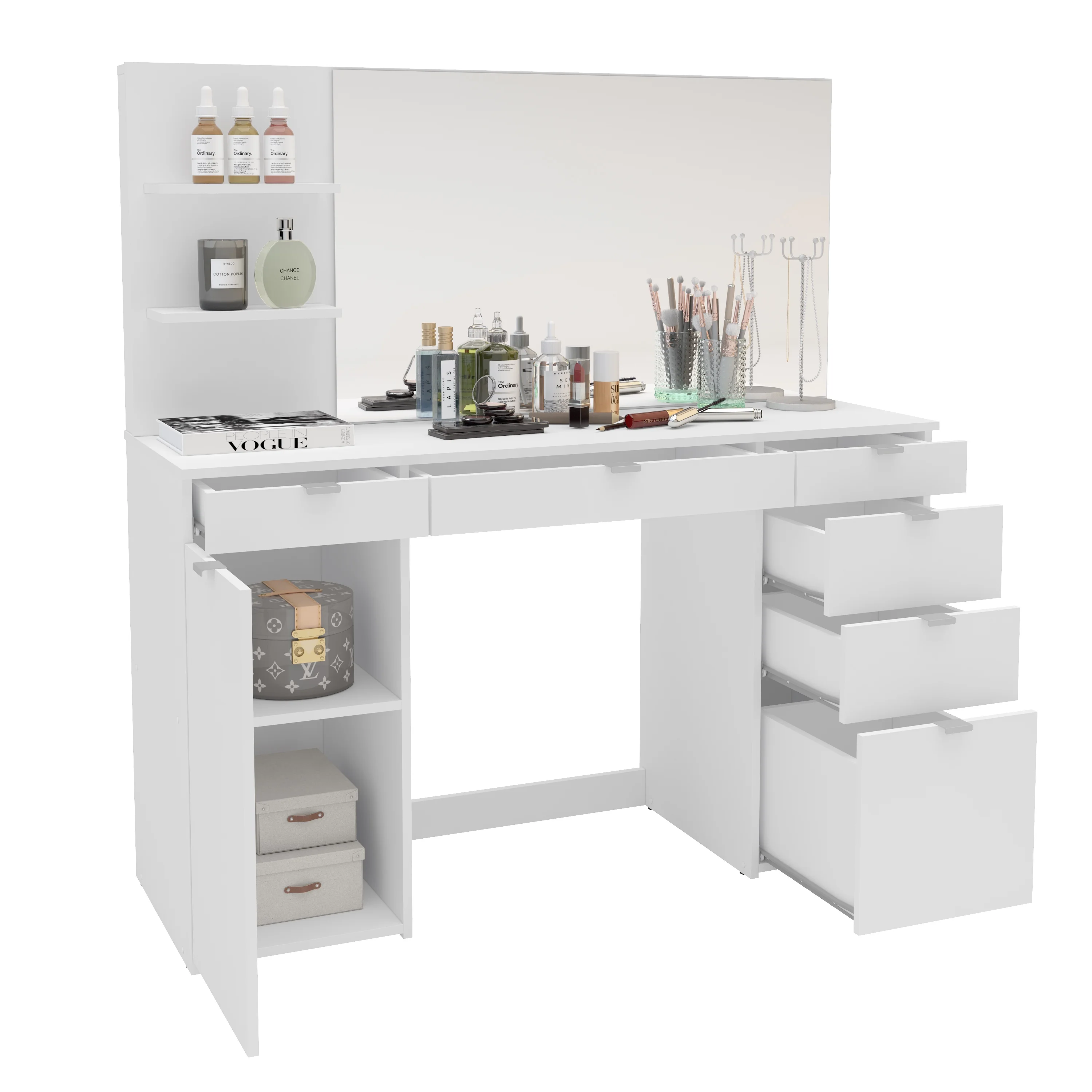 Polifurniture Amelia Modern Makeup Vanity Table with Mirror, White Finish
