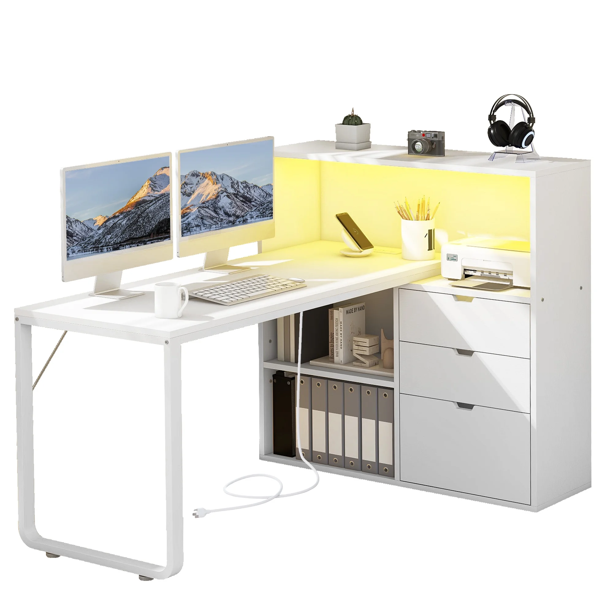 Dextrus L Shaped Desk with Power Outlets & LED Lights, Computer Desk with 3 Drawers and 3 Storage Shelves, White Office Desk Corner Desk for Home Office