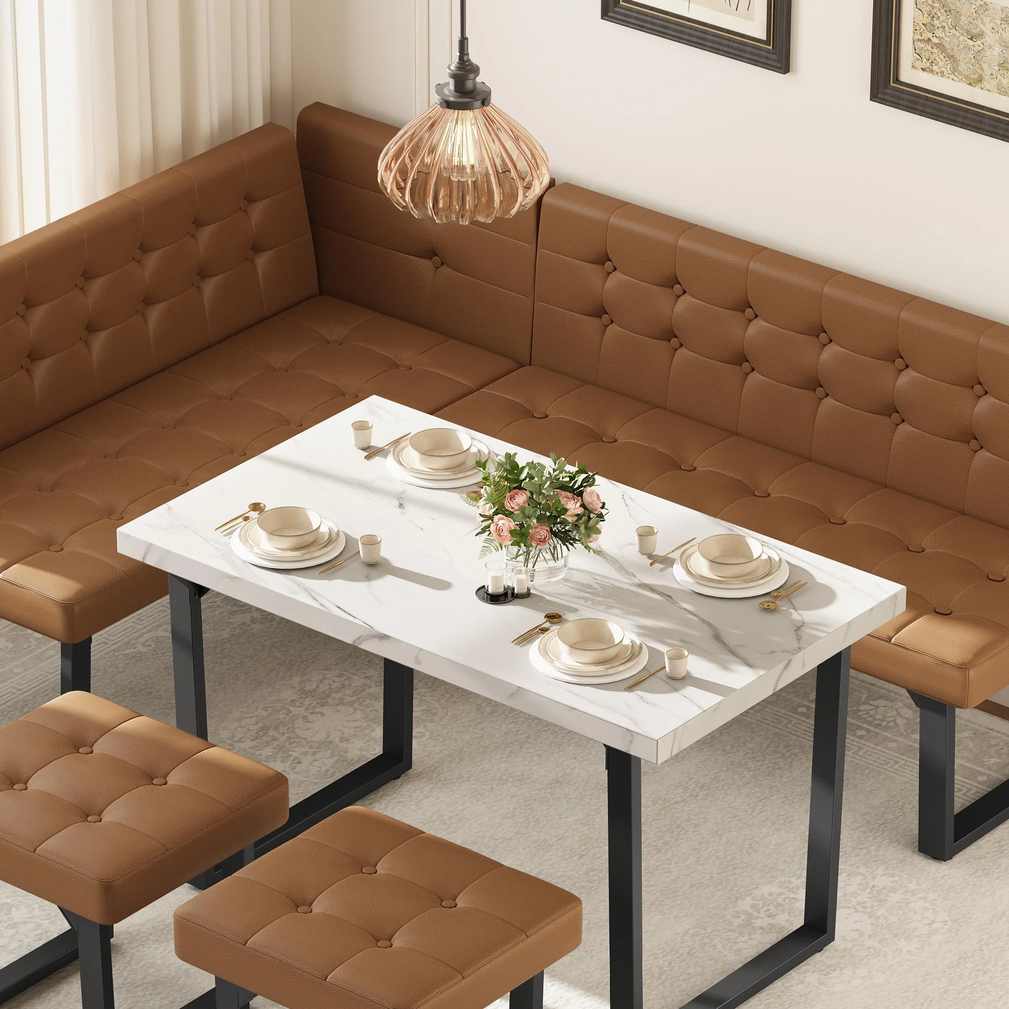 Brafab 5 Piece Corner Dining Breakfast Nook with Table and Bench Modern Kitchen Table Set with Gray Upholstered Banquette Seating