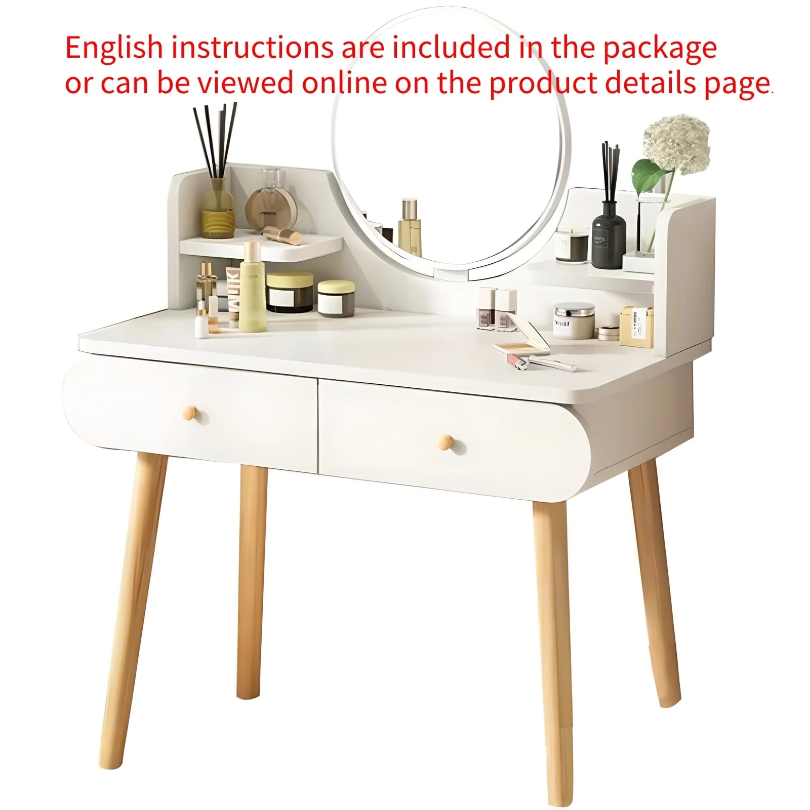 MIKOO Vanity Table Set with Mirror, Modern Makeup Vanity Dressing Desk with 2 Drawers & 2 Shelves ,White (Without Stool)