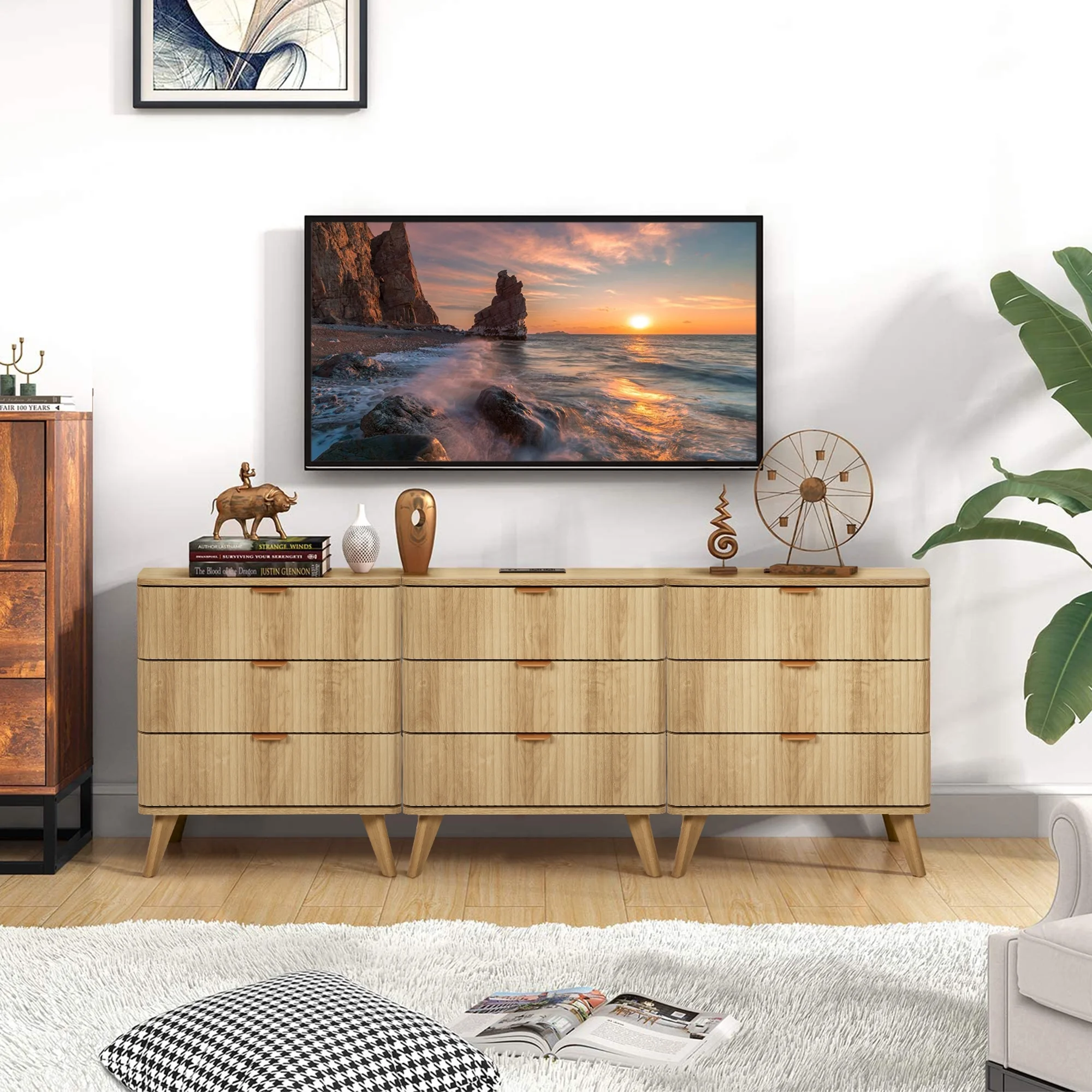 YOCWO Fluted Nightstand for Bedroom Set of 2 , Wood Bedside Table Set of 2 with Drawers, Black