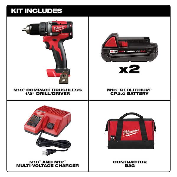 M18 18V Lithium-Ion Brushless Cordless 1/2 in. Compact Drill/Driver Kit with (2) 2.0 Ah Batteries, Charger and Case