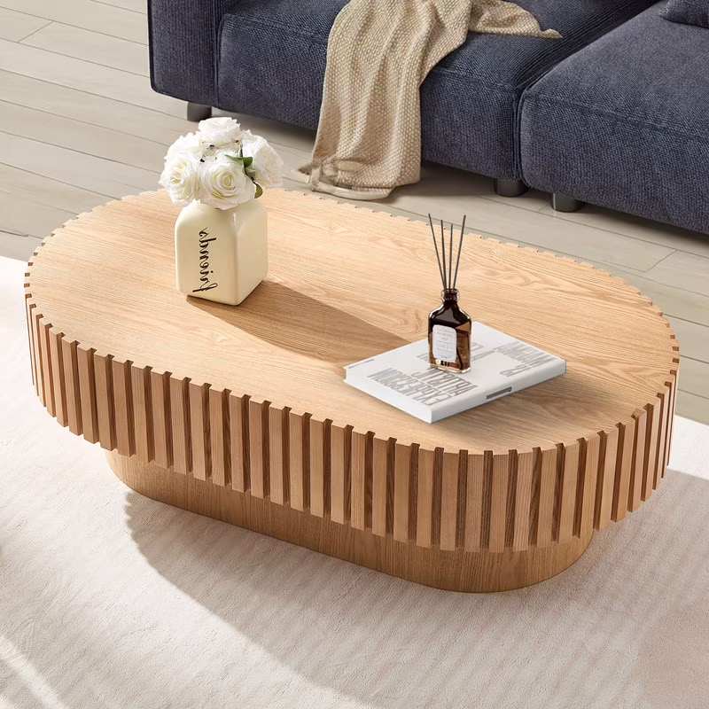 FFH 43.7 inch Oval Coffee Table for Living Room,Handcraft Rustic Corner Coffee Table Nature Wood Relief Sturdy Pedestal for Apartmen,Side Table Centre Table,Nature Wood