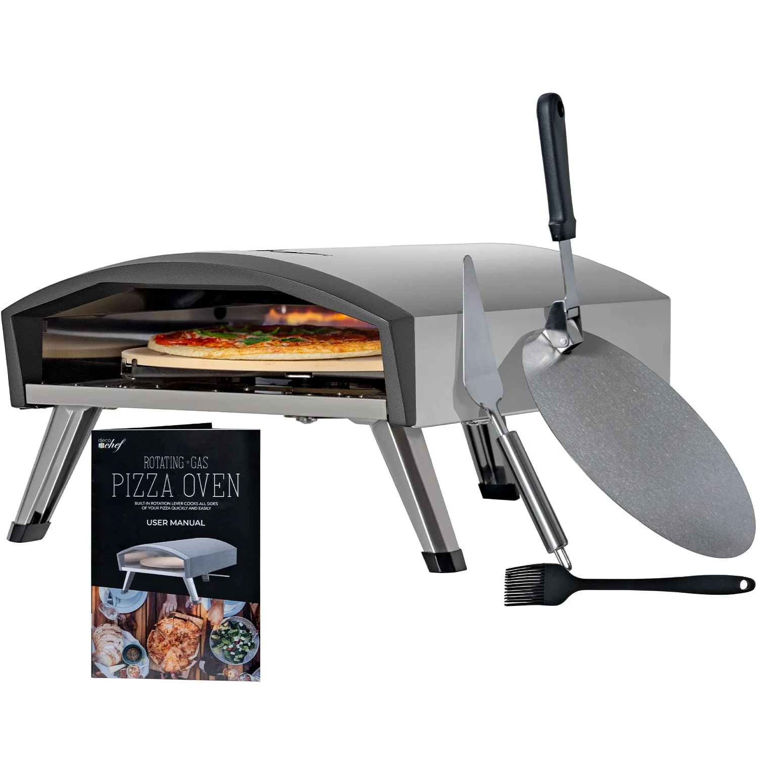 Deco Chef Outdoor Gas Pizza Oven, Portable Collapsable Design, Hassle-Free Self-Rotating Baking Stone, Accessories, Stainless Steel