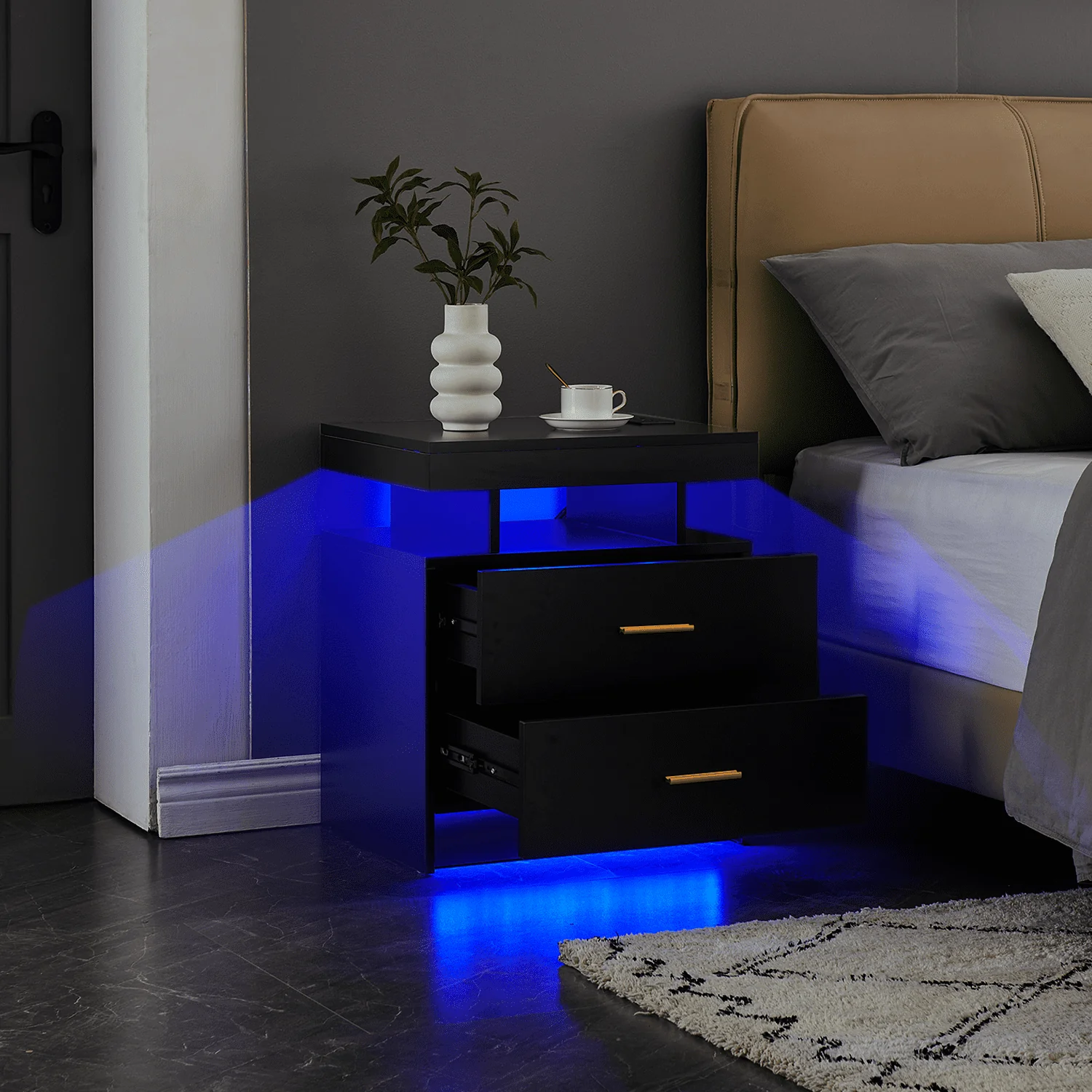 LED Nightstand, 2 Drawers Bedside Tables with Wireless Charging Station 2 Outlets and 2 USB Ports,Bedroom Nightstand with RGB 30 LED Light Mode App and Remote Control,Black