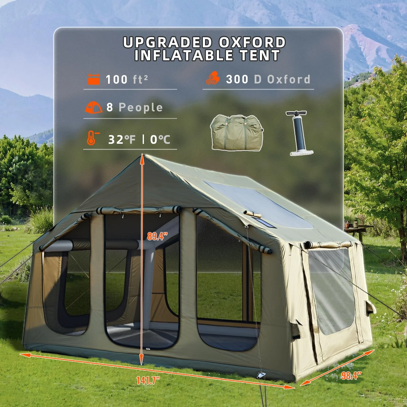 Yoleny 12'x8' Inflatable Tent, 96 SFT Blow Up Tent for Camping, 4 Season Oxford Glamping Tents with Clear Skylight, Pump & Stove Jack