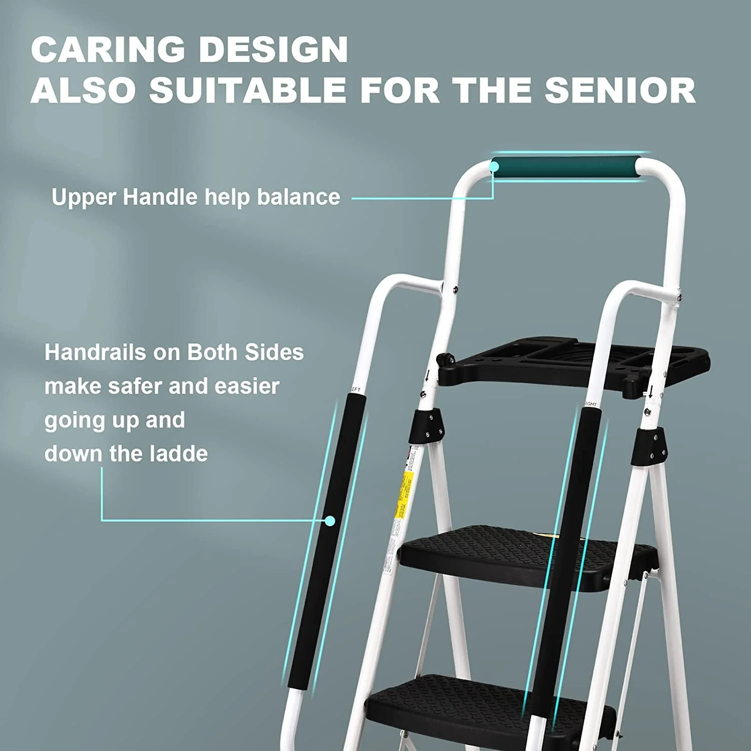 HBTower Folding 5-Step Ladder, 330lbs, with Handrails and Tool Tray and Anti-Slip Pedal, White