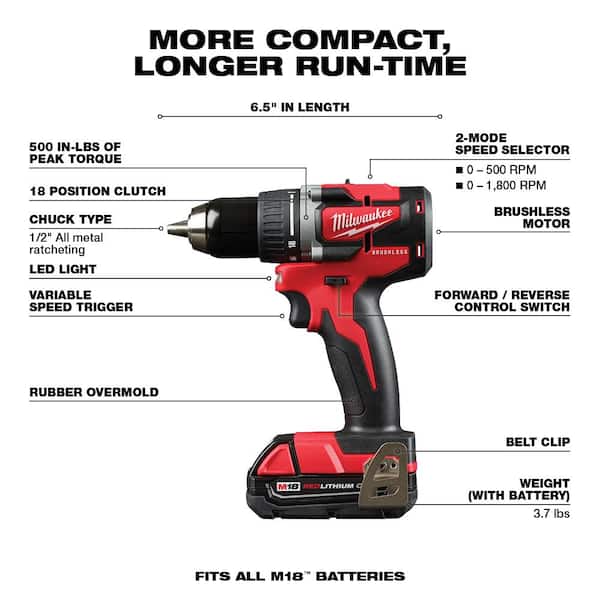M18 18V Lithium-Ion Brushless Cordless 1/2 in. Compact Drill/Driver Kit with (2) 2.0 Ah Batteries, Charger and Case