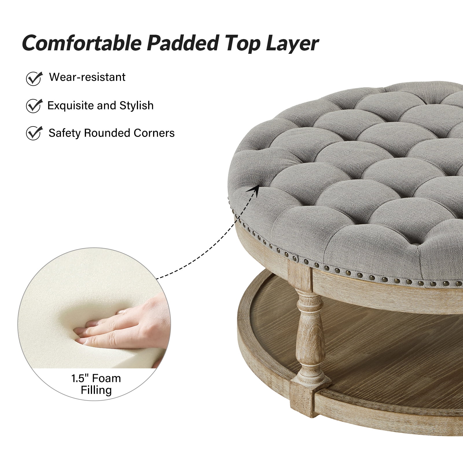 36'' Wide Blue Round Large Ottoman Tufted Coffee Table with Storage Wood Legs Home Living Room