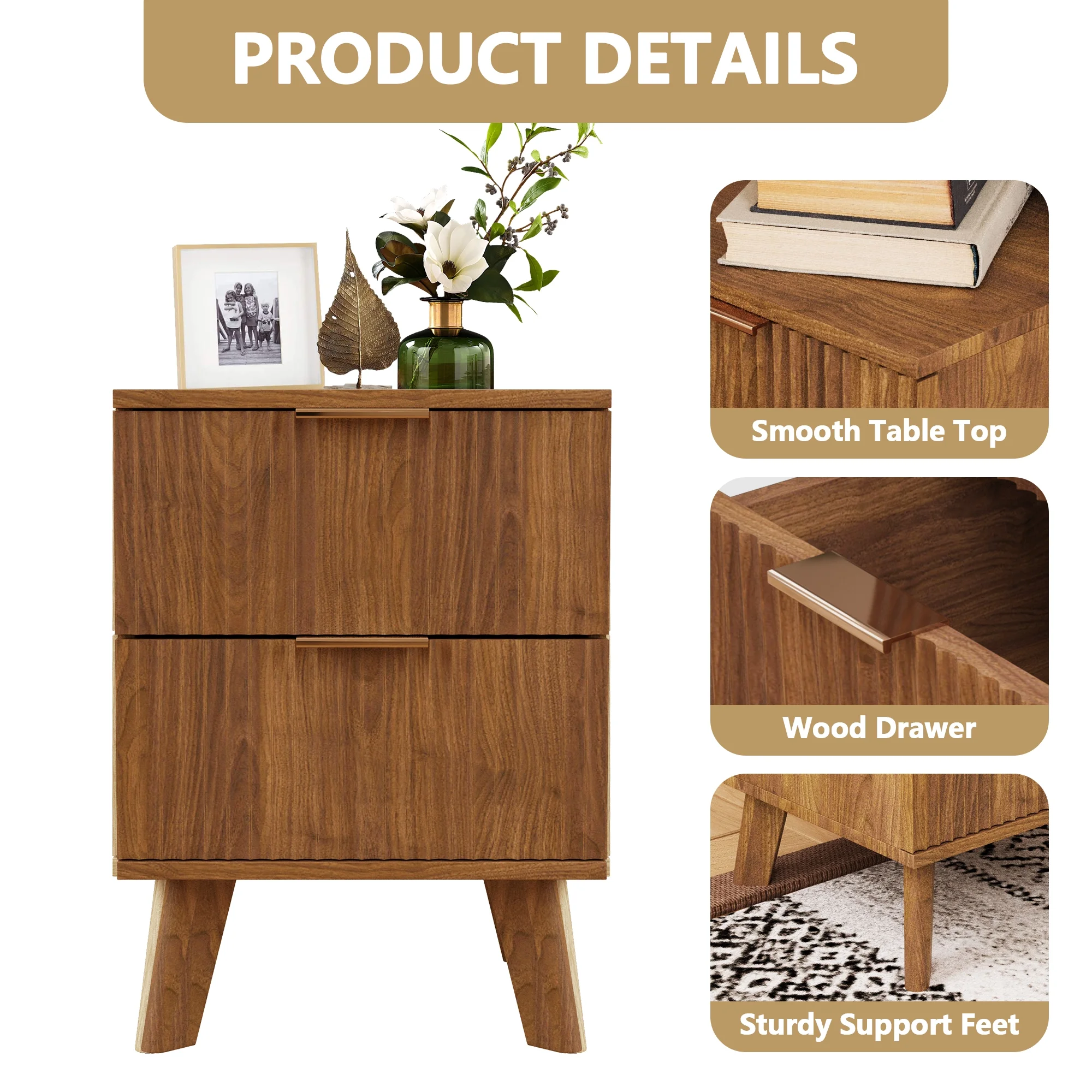 YOCWO Fluted Nightstand for Bedroom Set of 2 , Wood Bedside Table Set of 2 with Drawers, Black