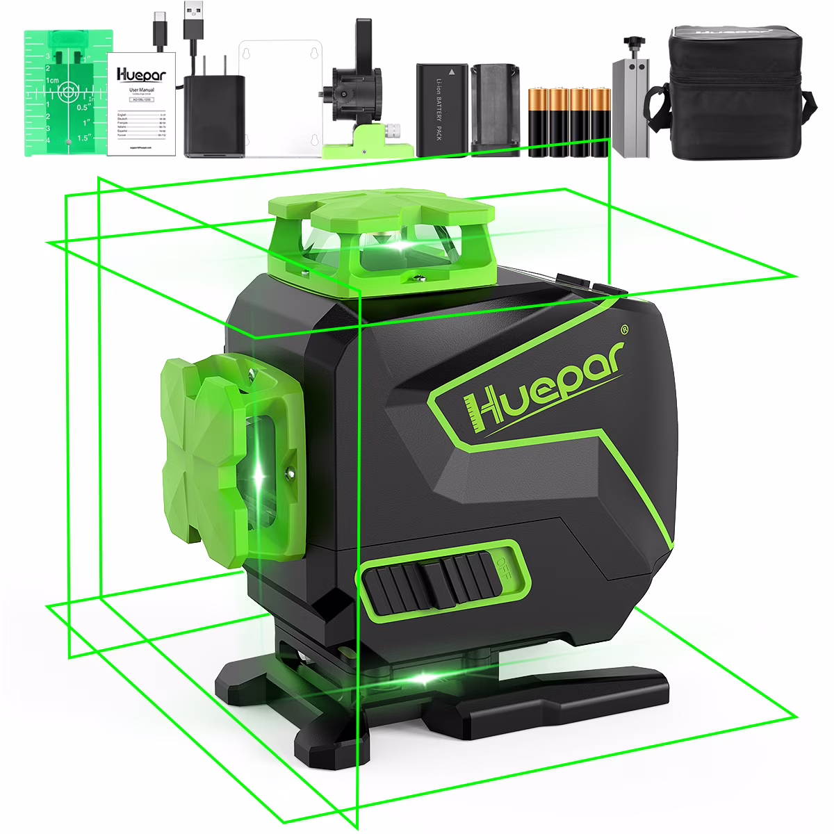 Huepar 3 x 360 Degree Cross Line Laser Level 3D Self-leveling Tiling Floor Green Beam Laser Leveler Tools with Li-ion Battery & Pivoting Base S03DG-L