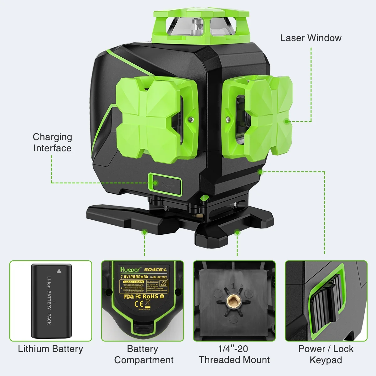 Huepar 3 x 360 Degree Cross Line Laser Level 3D Self-leveling Tiling Floor Green Beam Laser Leveler Tools with Li-ion Battery & Pivoting Base S03DG-L