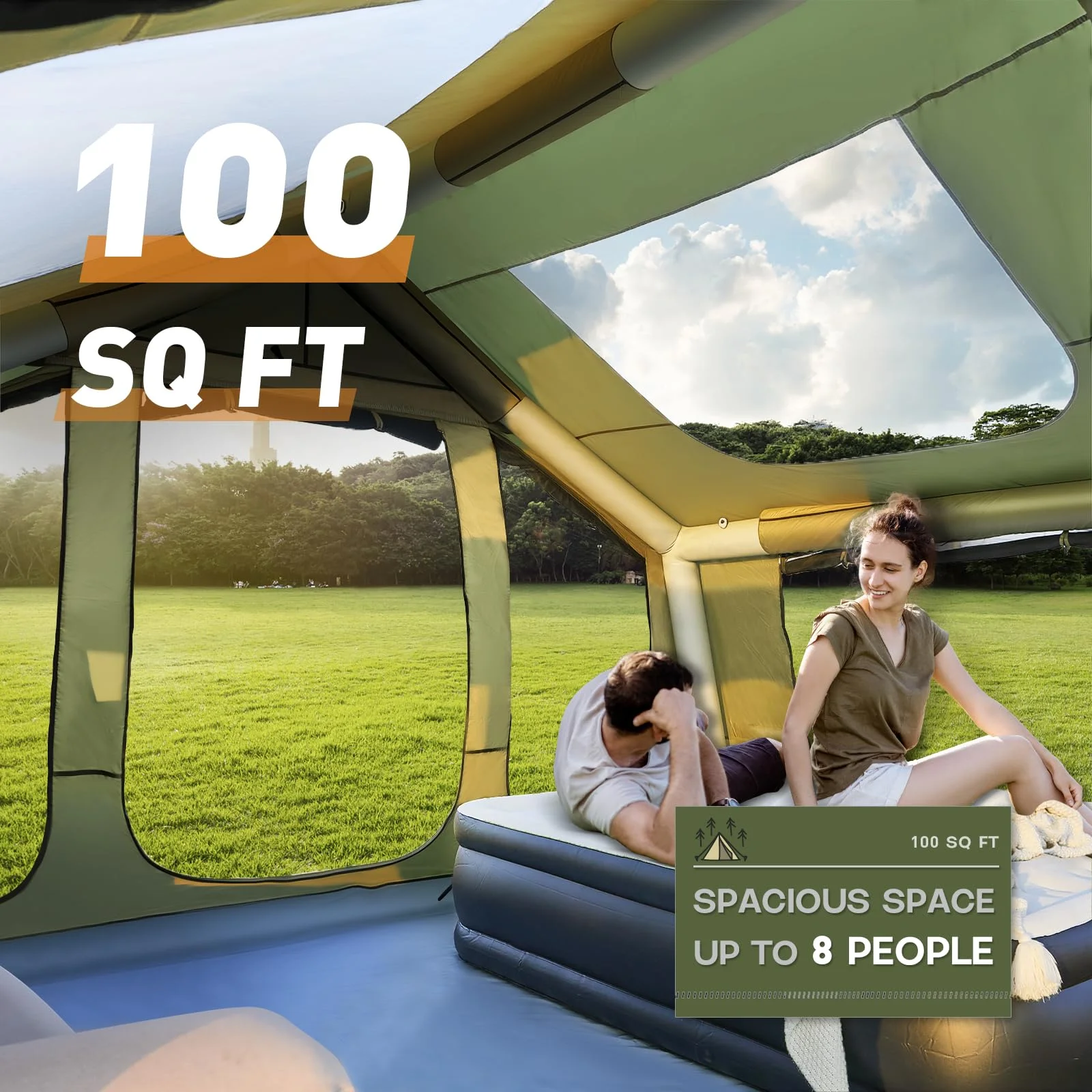 Yoleny 12'x8' Inflatable Tent, 96 SFT Blow Up Tent for Camping, 4 Season Oxford Glamping Tents with Clear Skylight, Pump & Stove Jack