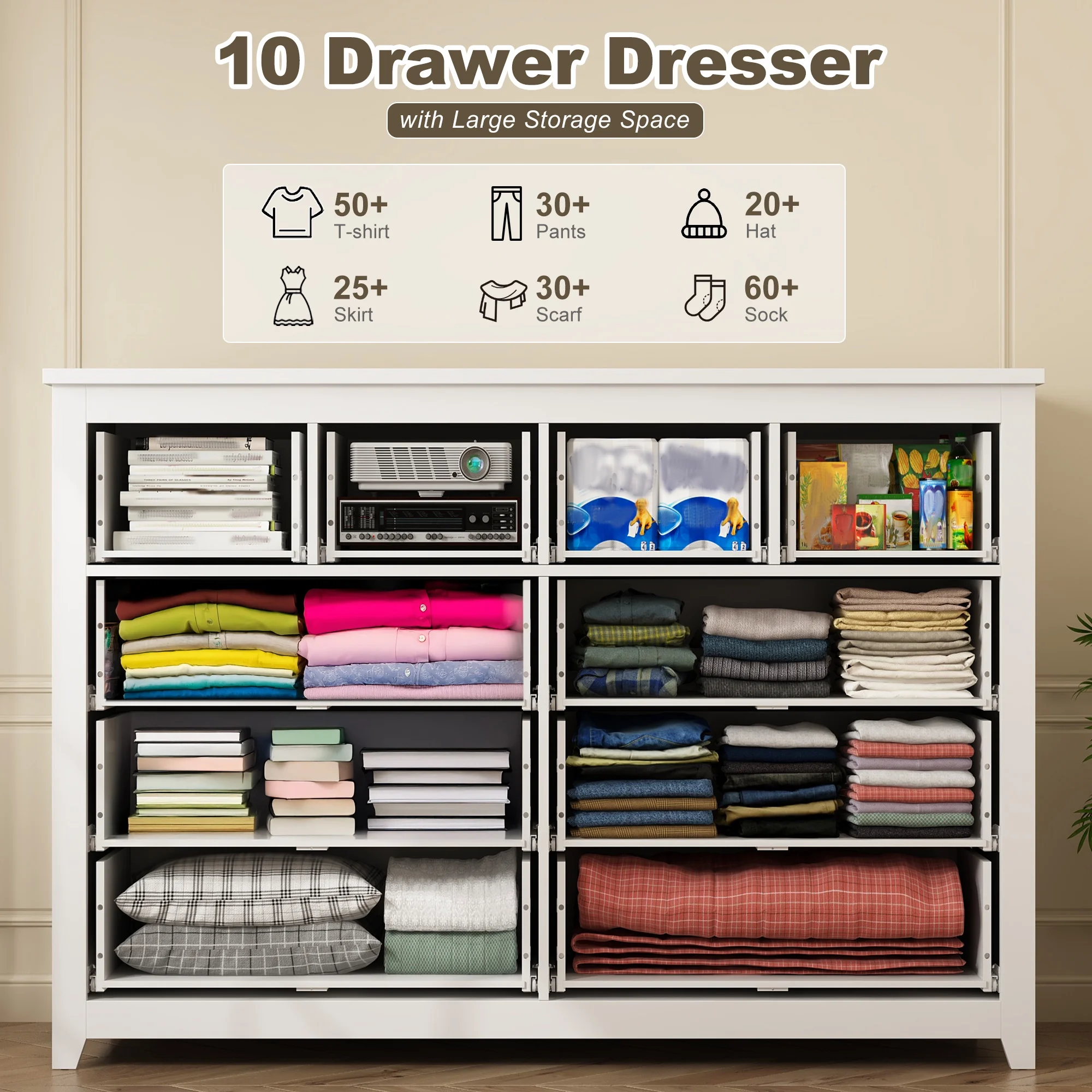 EnHomee White Dresser for Bedroom with 10 Drawers Modern Wood Dressers Chests of Drawers Wide Dresser for Adults