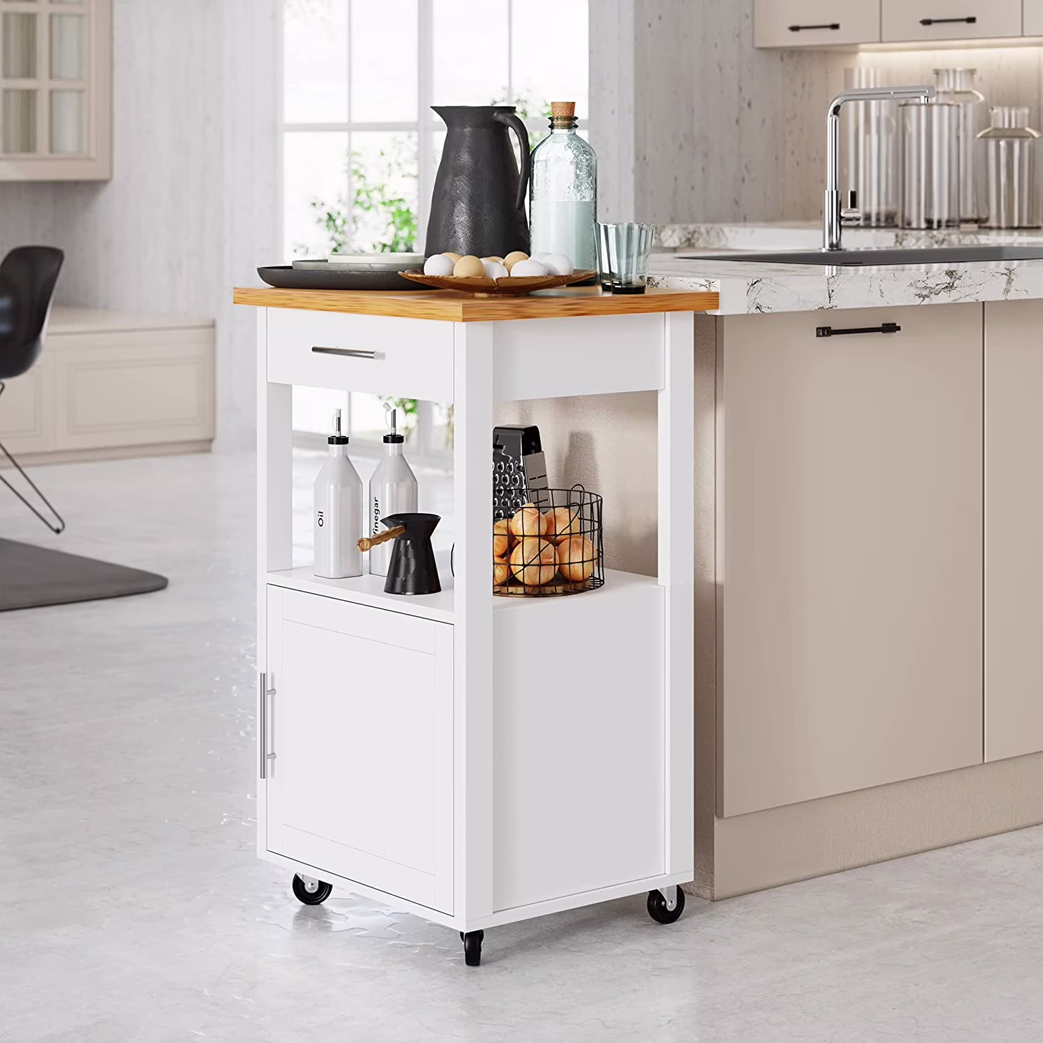 Sobaniilo Kitchen Island Cart with Storage, Rolling Side Table with Large Worktop, Towel Rack, Black