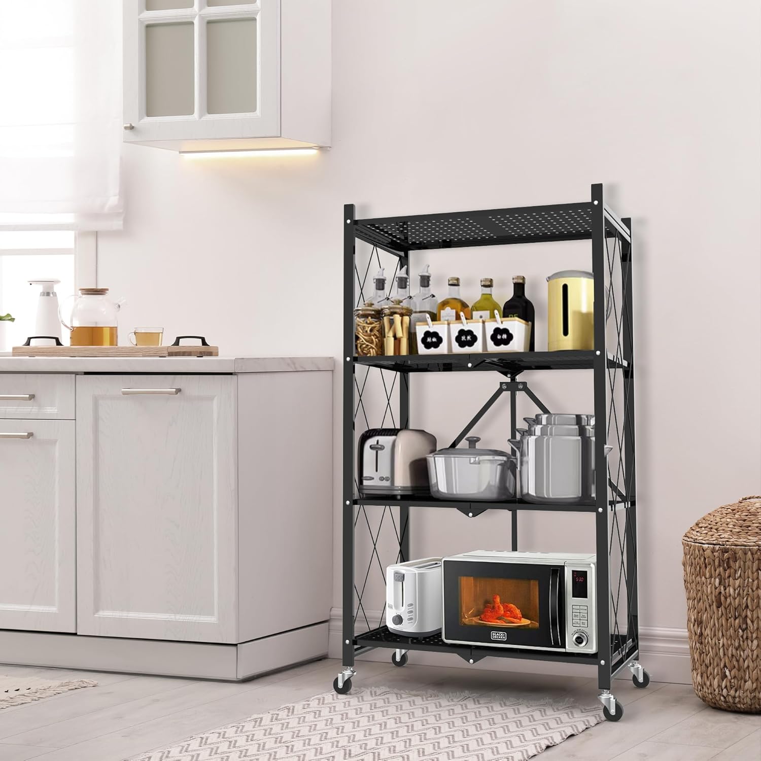 Foldable 4-Tier Storage Shelves with Wheels, No Assembly Bookshelf, Heavy Duty Kitchen Racks and Shelves, Rolling Microwave Cart, White