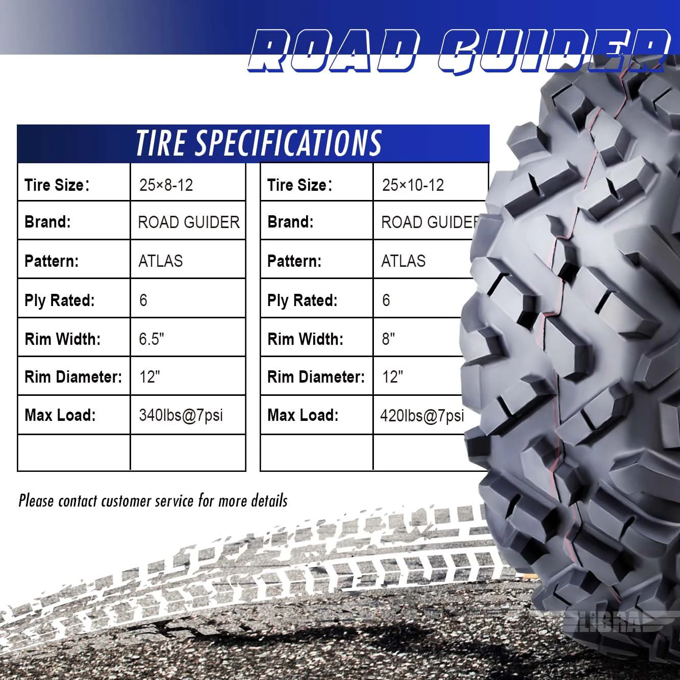 Set 4 Roadguider ATV UTV Tires 25x8-12 25x8x12 front & 25x10-12 25x10x12 Rear 6PR
