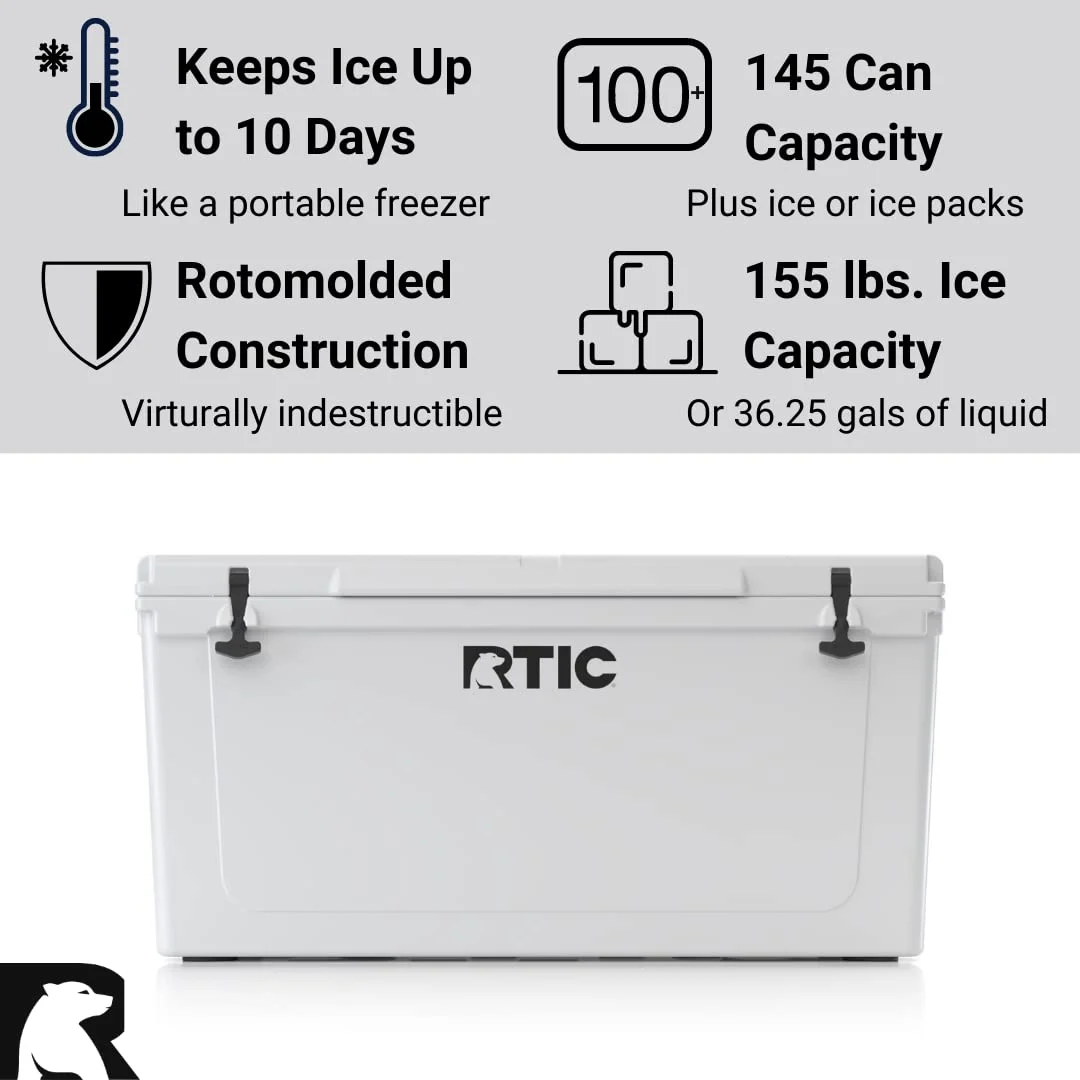RTIC 145 QT Ultra-Tough Rotomolded Hard-Sided Ice Chest Cooler, White, Fits 195 Cans