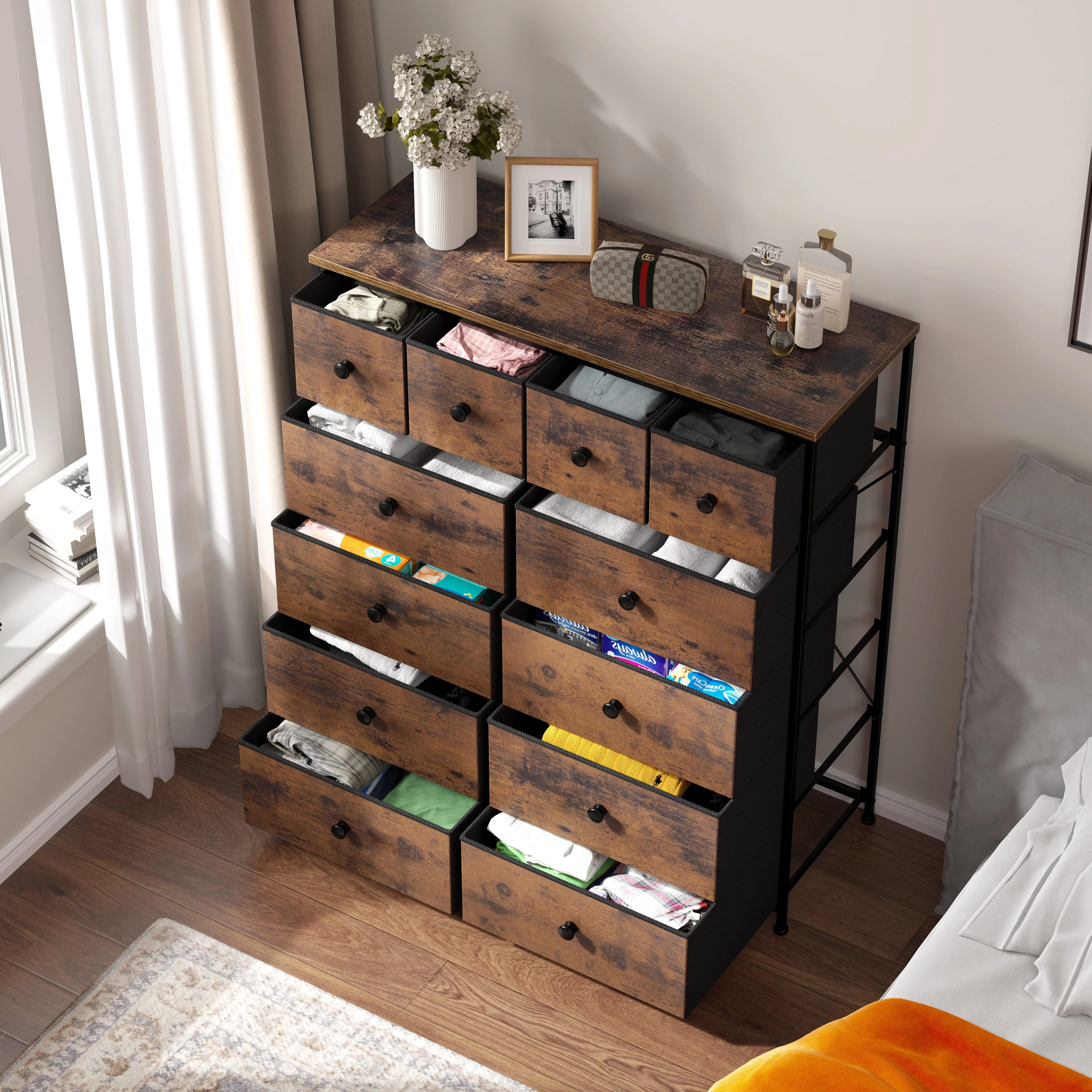 EnHomee Dressers for Bedroom Dresser with 12 Fabric Drawers,Bedroom Furniture Large Dressers&Chests of Drawers with Wood Top Metal Frame, 8+4Drawers Rustic Brown
