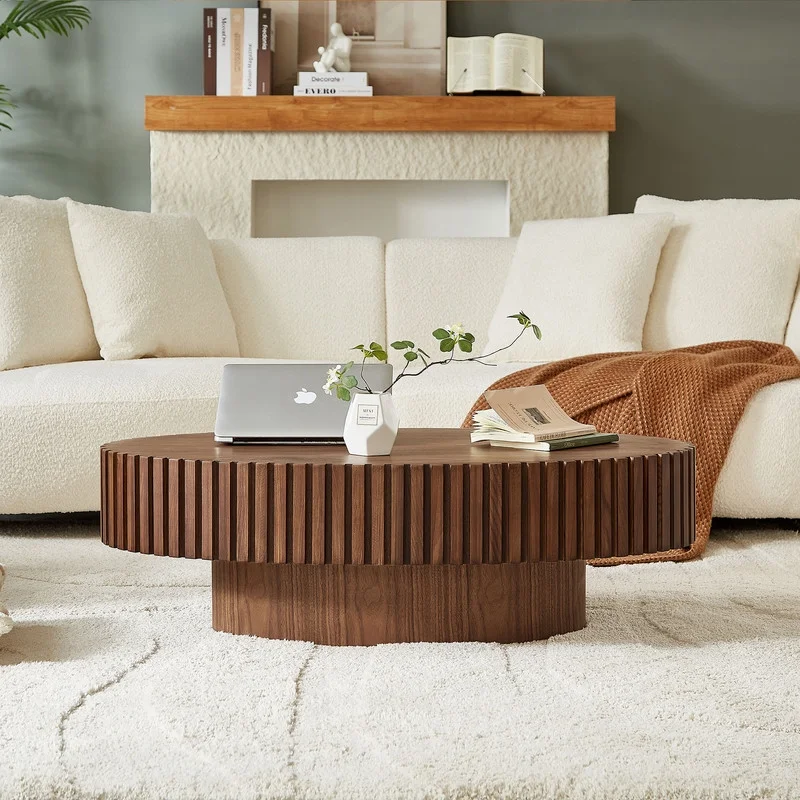 FFH 43.7 inch Oval Coffee Table for Living Room,Handcraft Rustic Corner Coffee Table Nature Wood Relief Sturdy Pedestal for Apartmen,Side Table Centre Table,Nature Wood