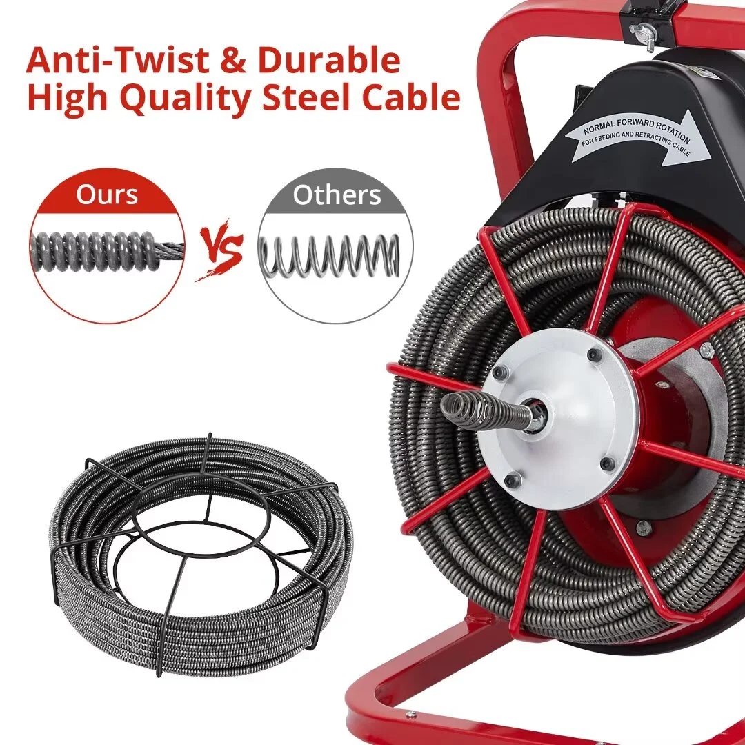 Drain Cleaner Machine 75 Ft X 1/2 Inch, Professional Electric Drain Auger Sewer Auger fits 1 to 4 Inch Pipes, Portable Electric Drain Snake with 4 Cutters & Foot Switch and Gloves