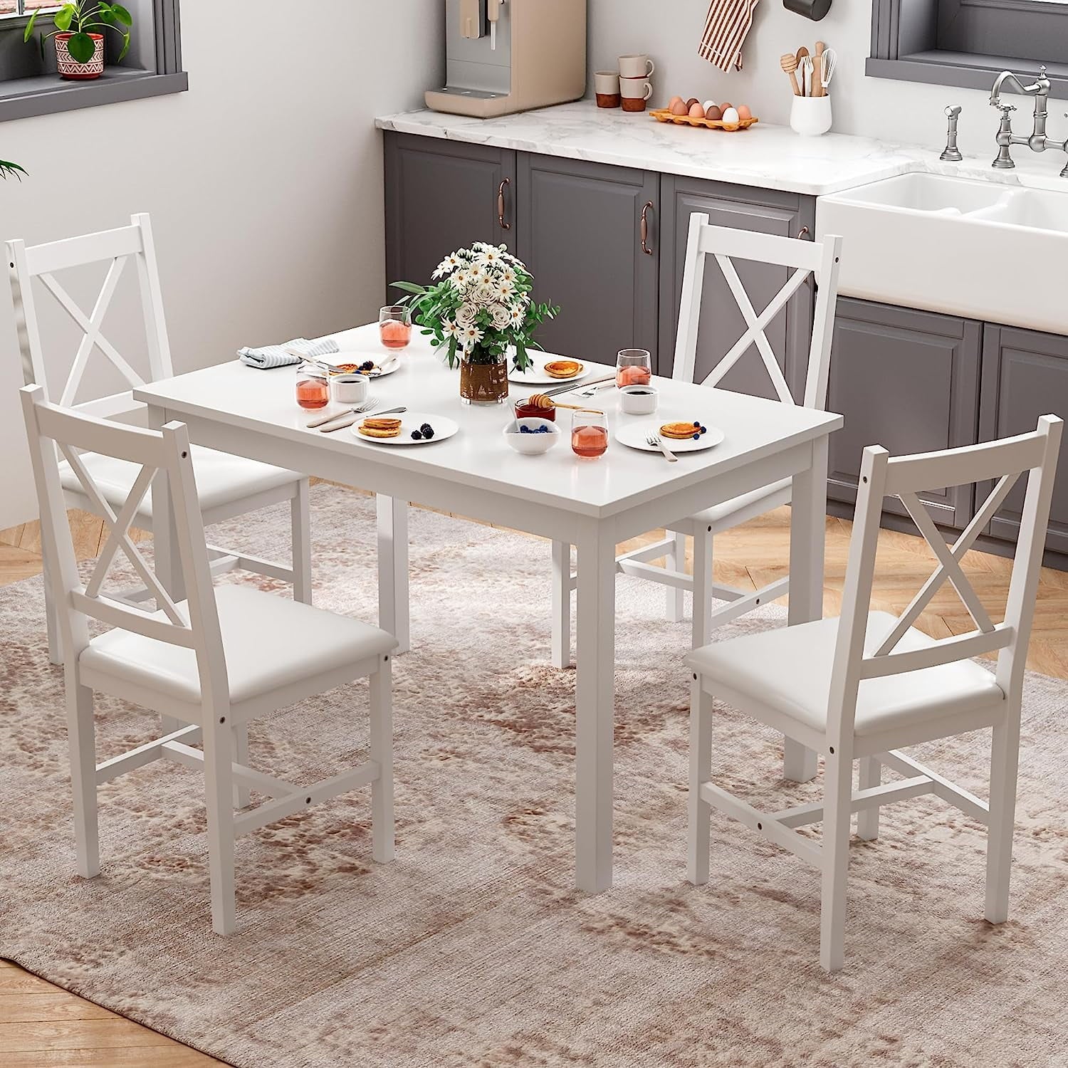 Alohappy Dining Room Table Set for 4, 5 Piece Kitchen Table Set, Morden Wood Rectangle Breakfast Table and Chairs for Small Space, Easy Assembly (White)