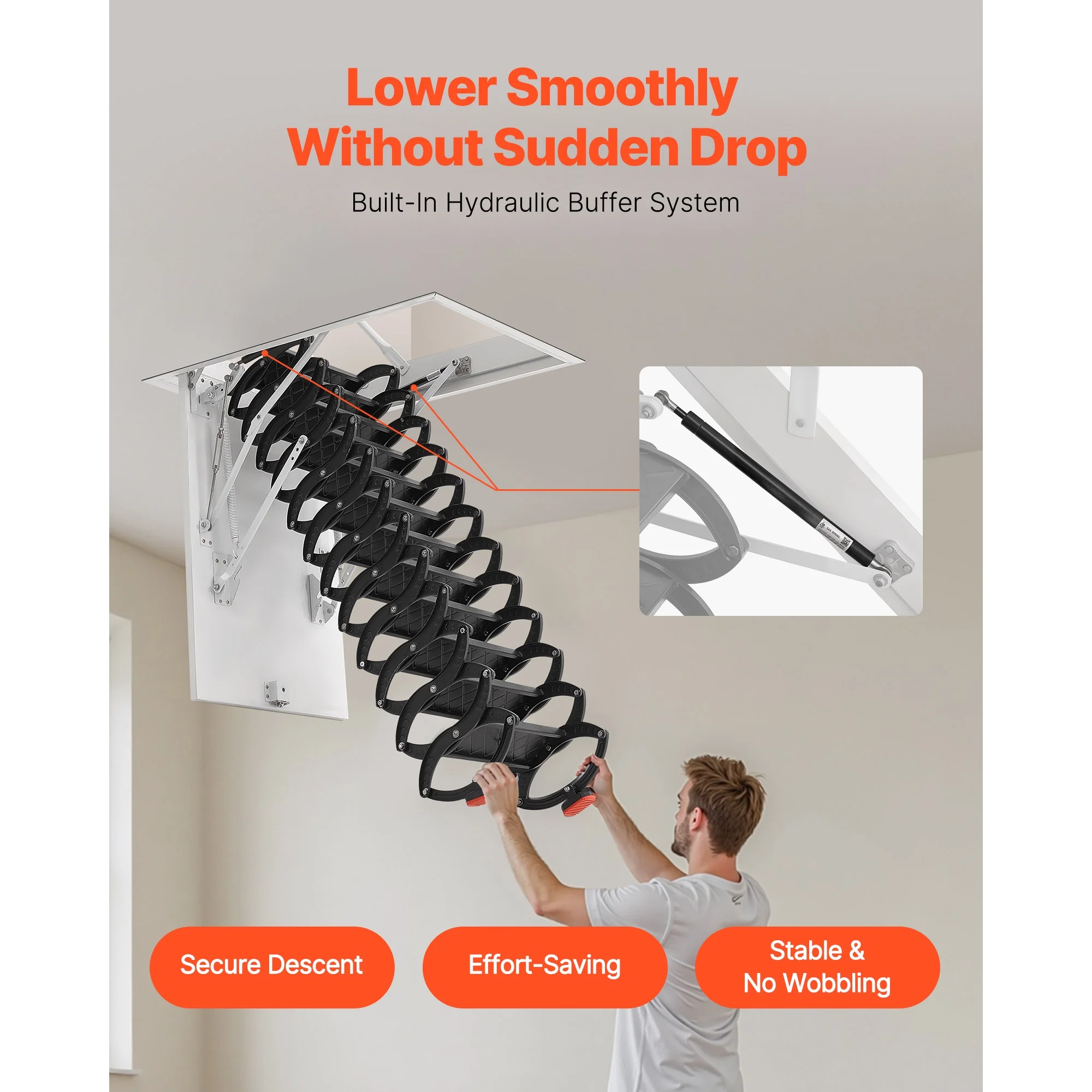 KFFKFF Retractable Attic Ladder, 660 lbs Capacity, Compatible with 9.5-10.2 ft Ceiling Heights and 39.4 x 27.5 inch Openings, Alloy Steel Pull-Down Ceiling Stair with Pulling Rod for Loft Access