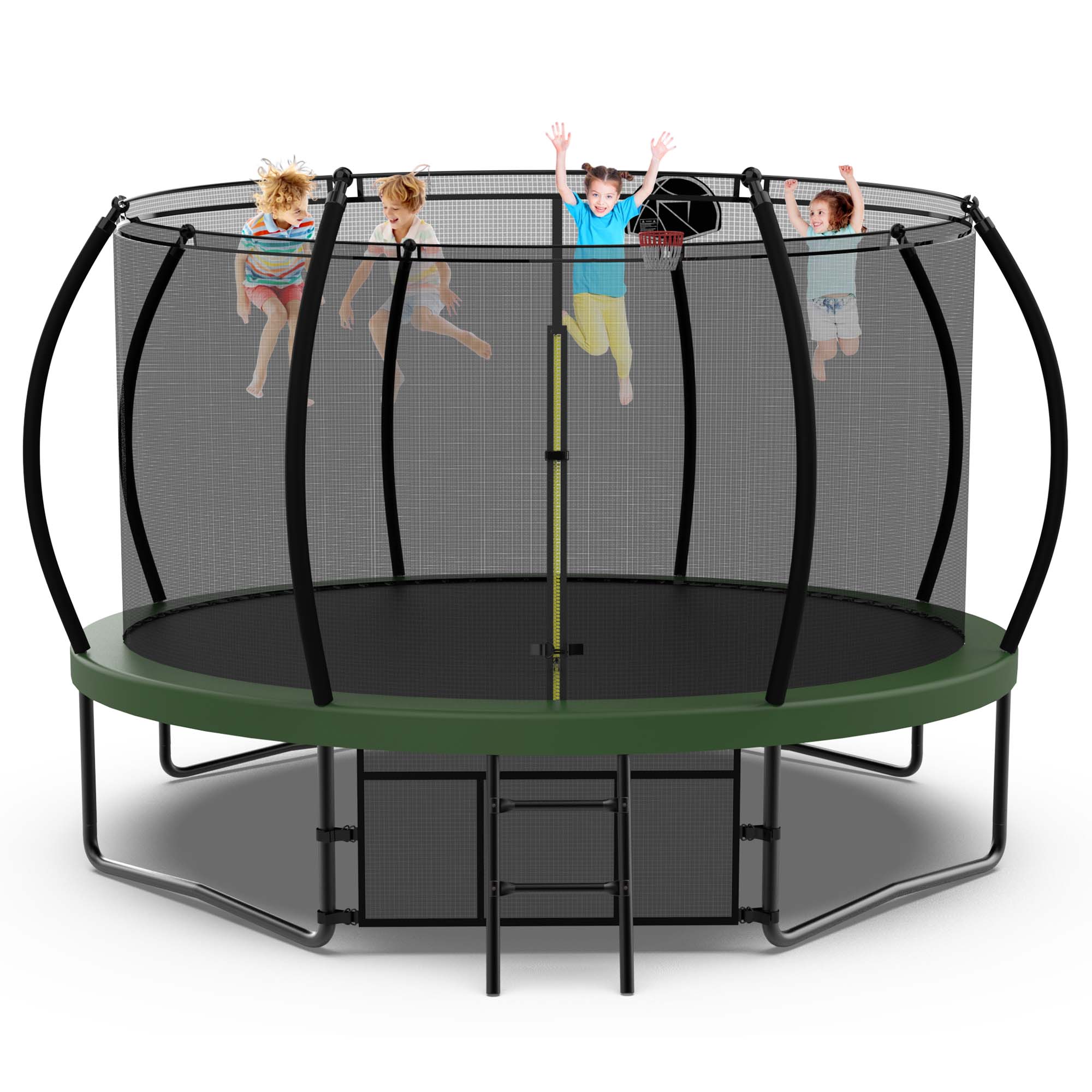 Aukfa 14FT Trampoline with Basketball Hoop for Kids Adults, Outdoor Trampoline with Enclosure for Backyard - Green