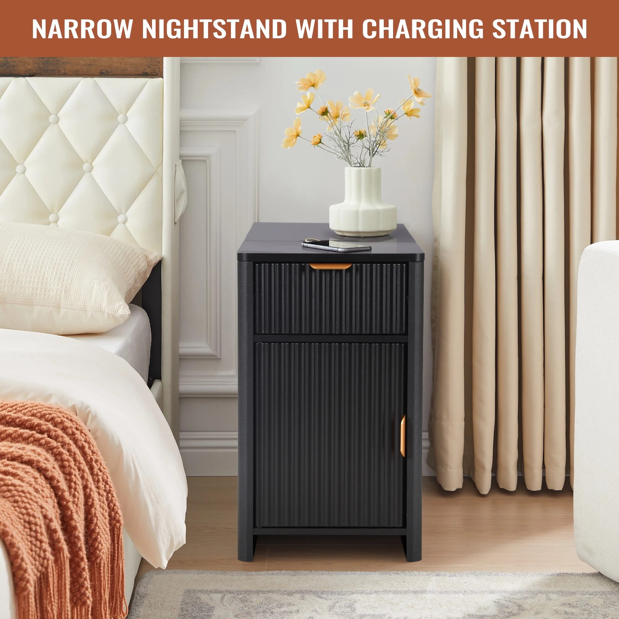 YOCWO Fluted Nightstand for Bedroom Set of 2 , Wood Bedside Table Set of 2 with Drawers, Black