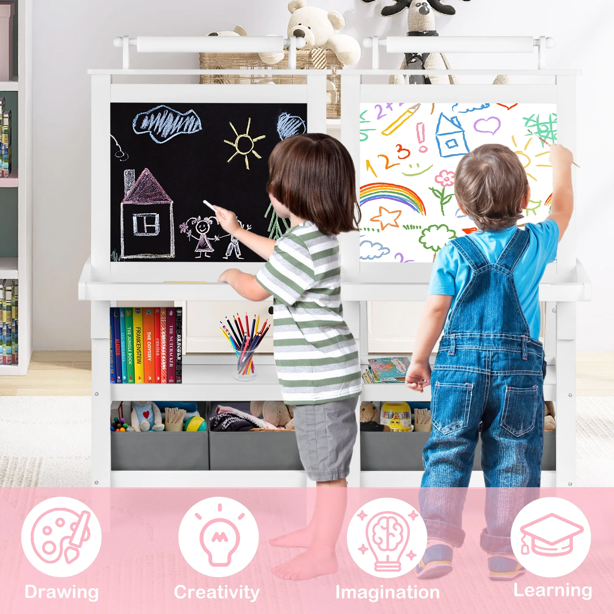 LINLUX 3 in 1 Art Easel for Kid, Whiteboard for Kid with Stand, Magnetic Chalkboard Pizarra, Grey