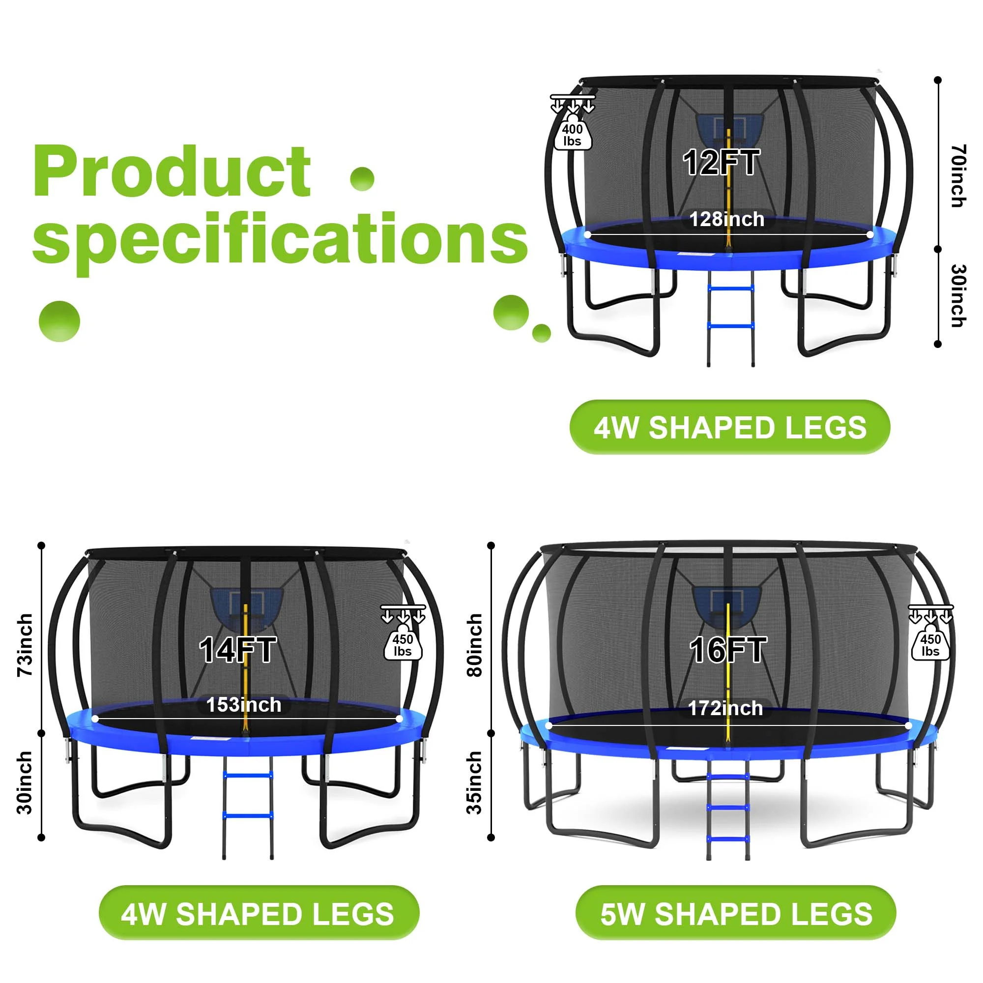 GVDV 16FT Outdoor Trampoline for Kids & Adults, Recreational Trampoline w/Ladder & Safety Net