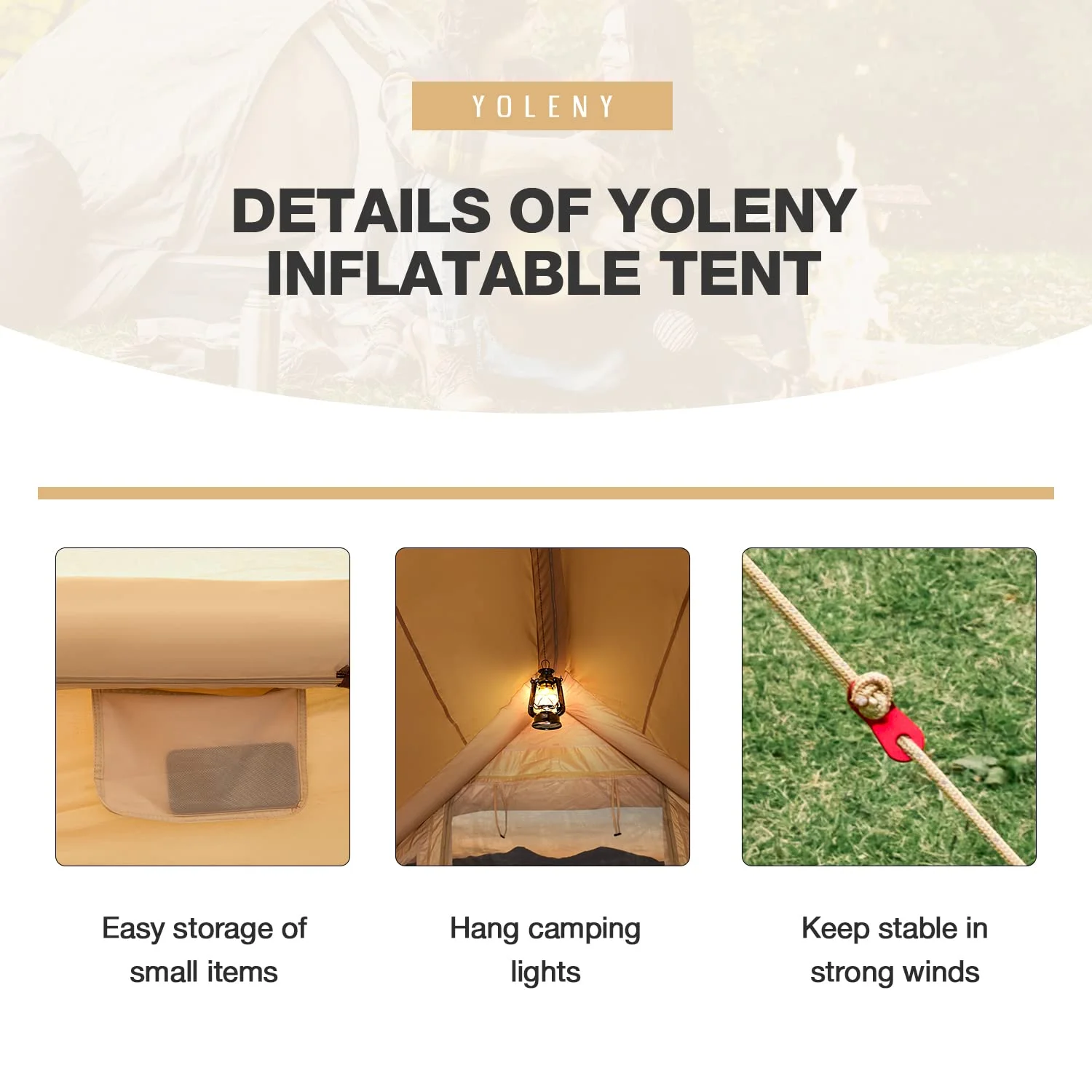 Yoleny 12'x8' Inflatable Tent, 96 SFT Blow Up Tent for Camping, 4 Season Oxford Glamping Tents with Clear Skylight, Pump & Stove Jack