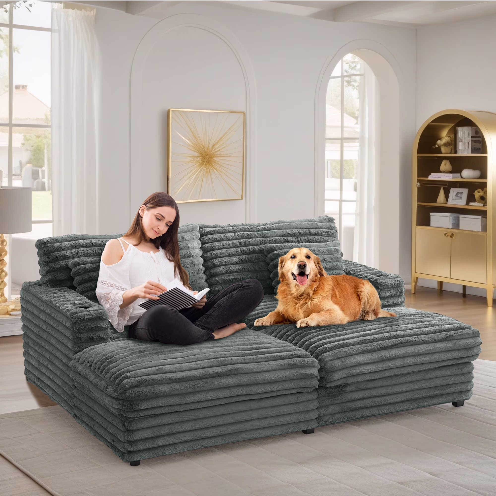 Oversized Double Chaise Lounge, Faux Fur Upholstered Deep Seat Sofa with 2 Pillows, 2 Cupholders, and Dual USB Ports