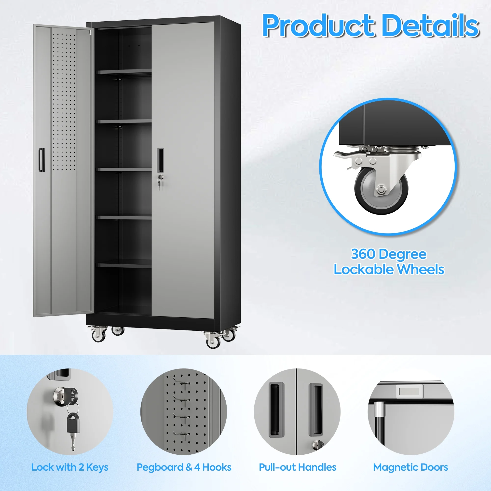 SUPEER Metal Rolling Storage Cabinets with Locking Doors and 5 Adjustable Shelves, Steel Garage Storage Cabinet for Garage, Office, Classroom, Assemble Required(Black)