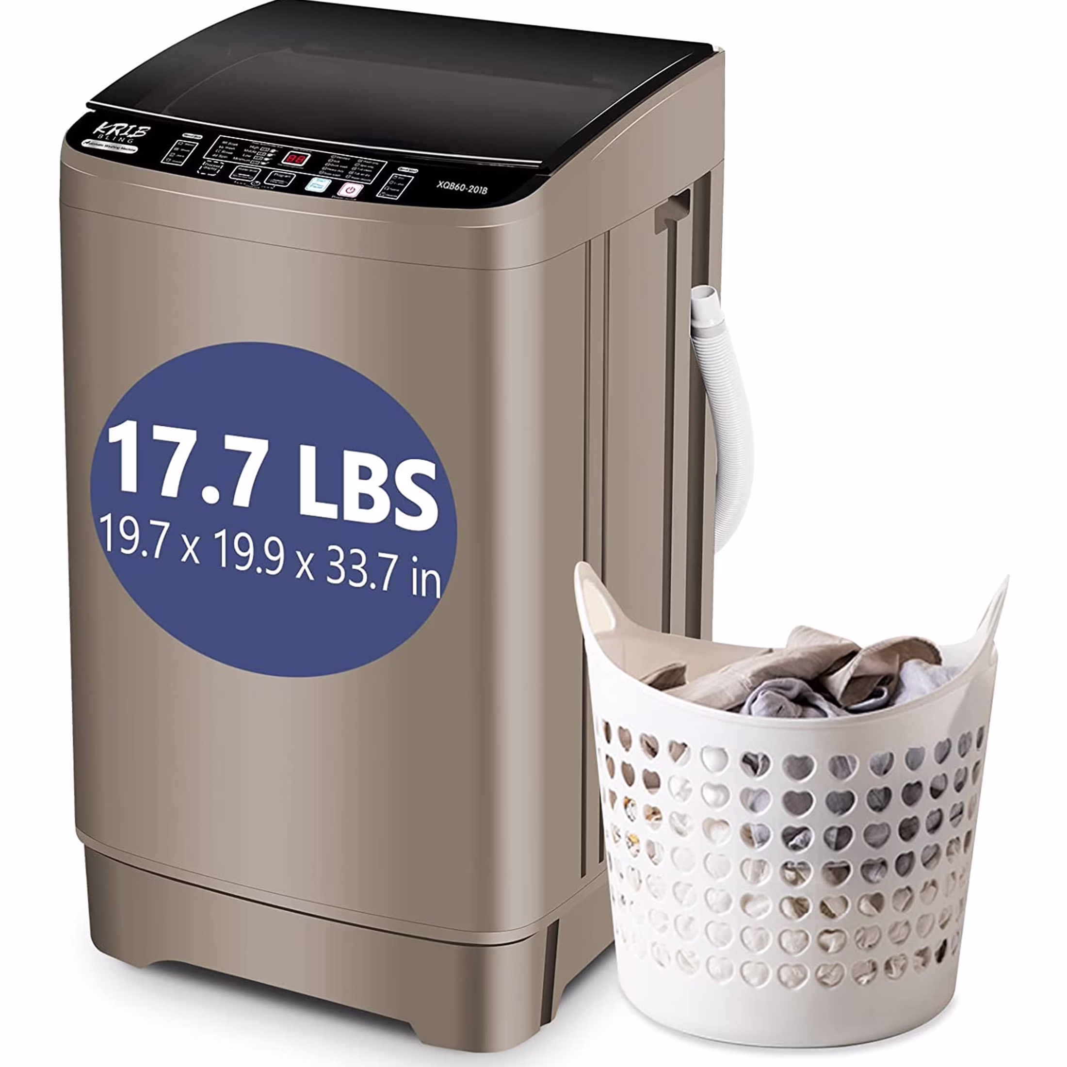 Full-Automatic Washing Machine, Portable Laundry Washer, Compact 17.7 lbs, LED Display, Drain Pump, 10 Wash Programs 8 Water Levels