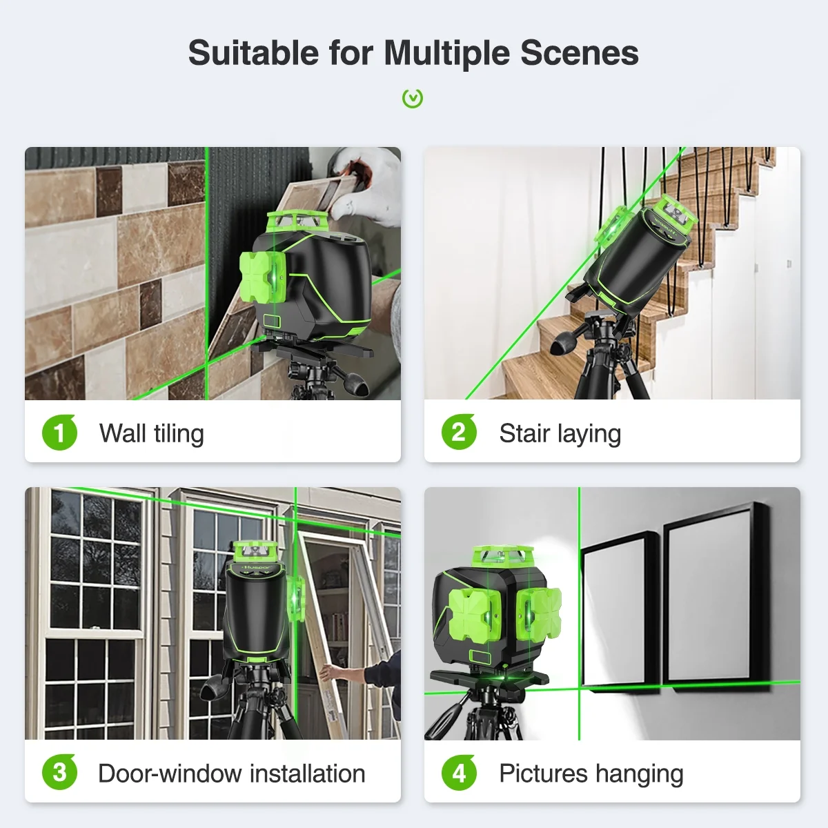 Huepar 3 x 360 Degree Cross Line Laser Level 3D Self-leveling Tiling Floor Green Beam Laser Leveler Tools with Li-ion Battery & Pivoting Base S03DG-L