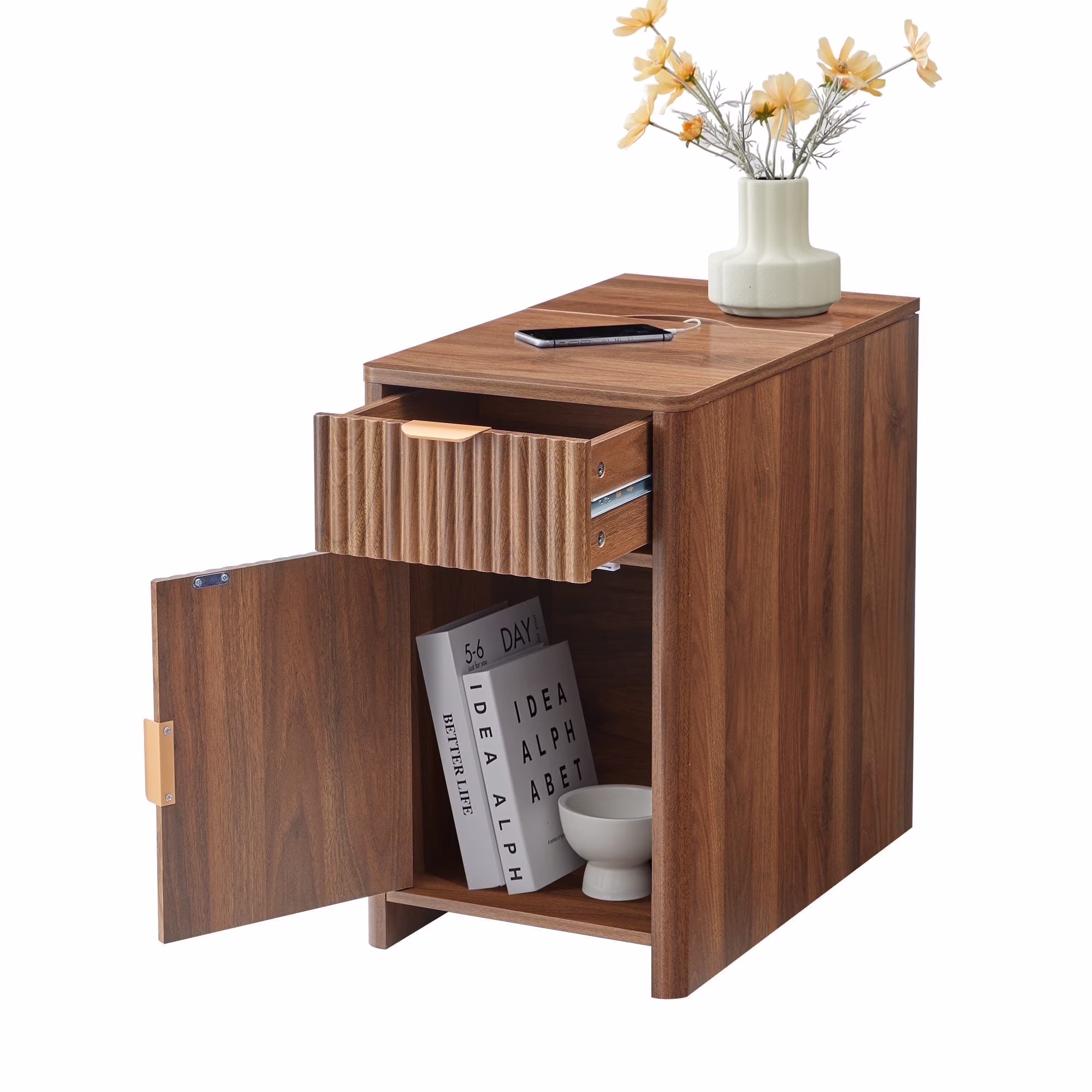 YOCWO Fluted Nightstand for Bedroom Set of 2 , Wood Bedside Table Set of 2 with Drawers, Black