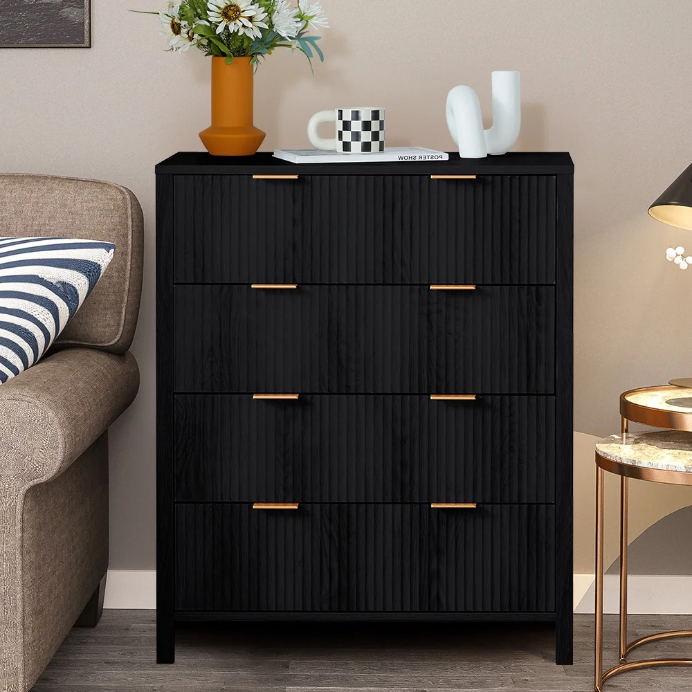 YOCWO Fluted Nightstand for Bedroom Set of 2 , Wood Bedside Table Set of 2 with Drawers, Black