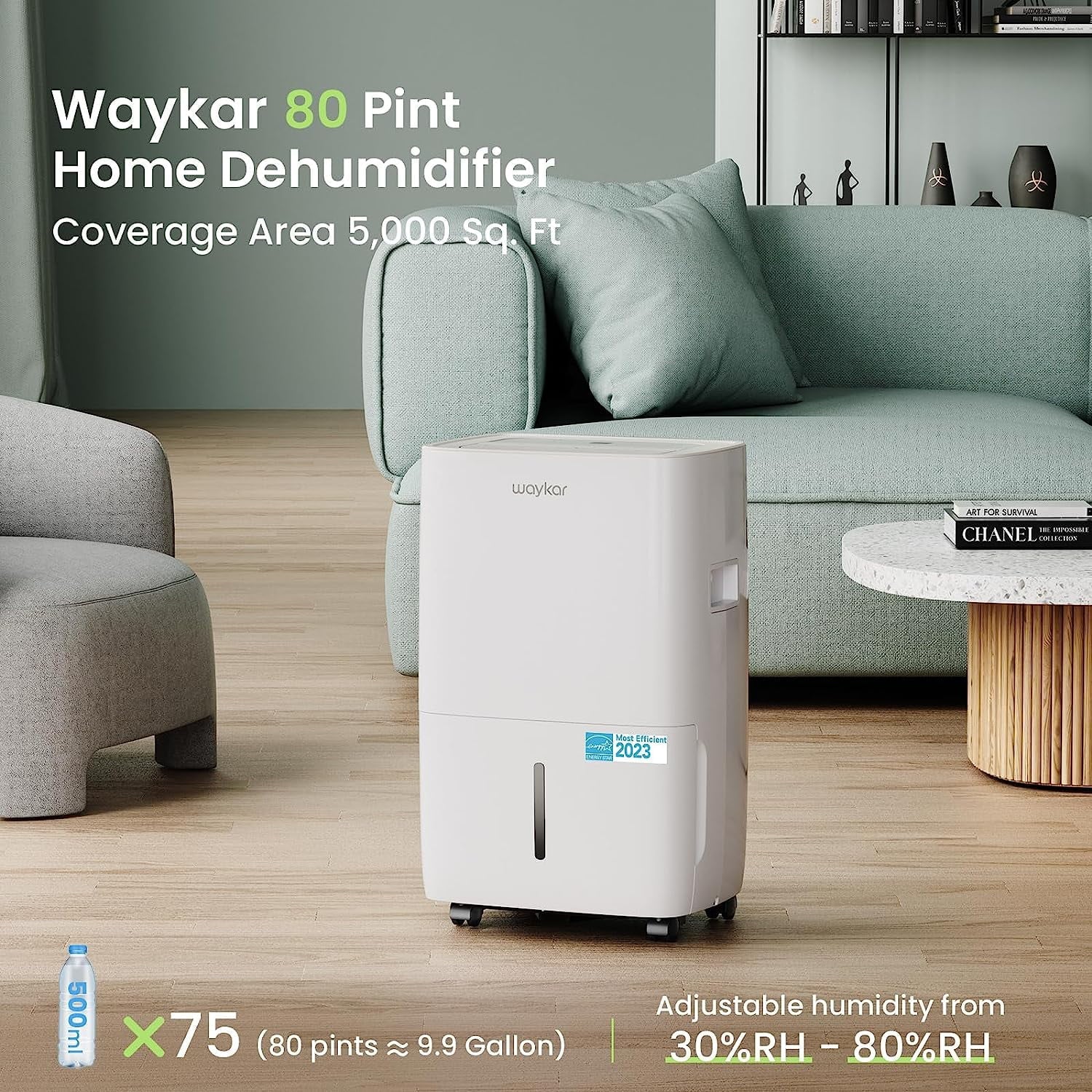 Waykar 80 Pints Dehumidifier, Energy Star Dehumidifier for Basements and Home, Dehumidifiers with Drain Hose, 1.14 Gallons Water Tank, Spaces up to 5,000 Sq. Ft